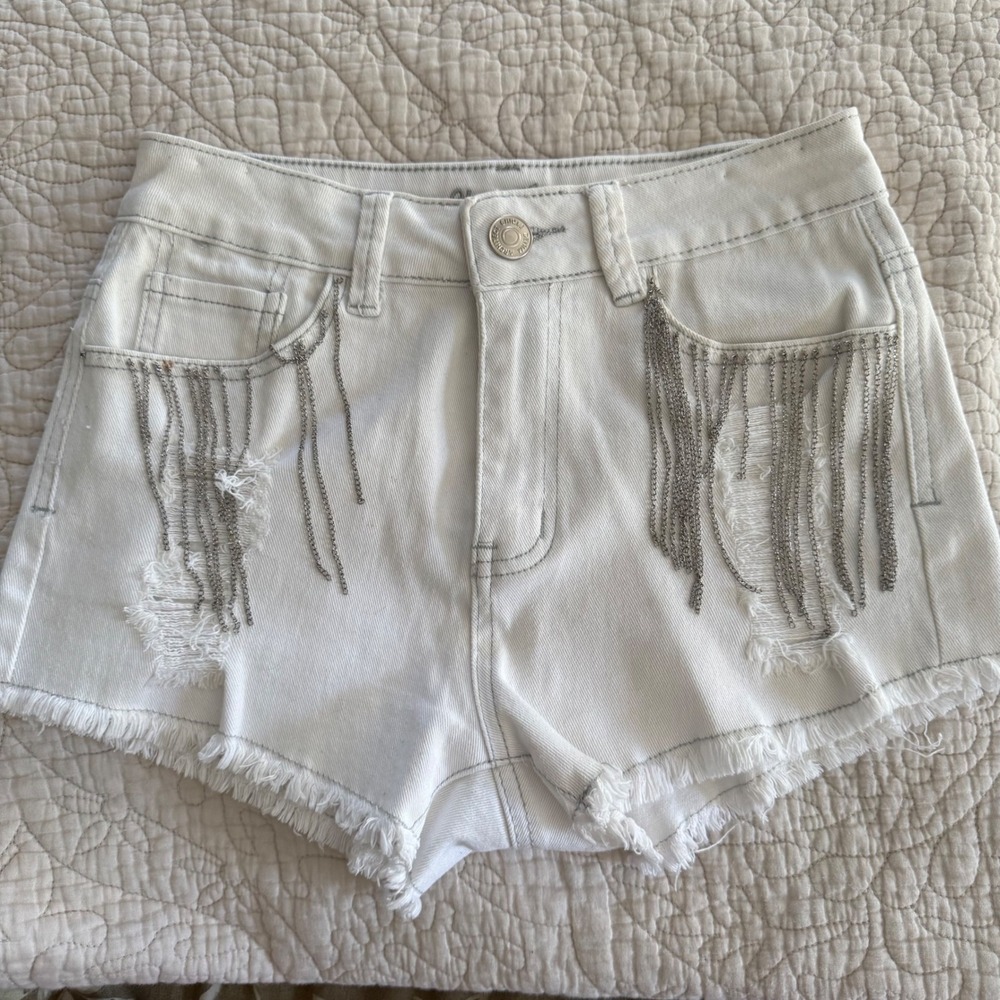 ChiQle White Denim Shorts S Y2K Chain Fringe Distressed Festival Western